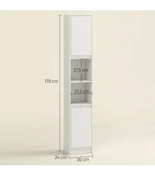 Columna de Baño Estrecha con 2 Puertas y 2 Estantes Abiertos para Espacios Pequeños 30x24x170 cm Blanco