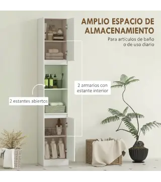 Columna de Baño Estrecha con 2 Puertas y 2 Estantes Abiertos para Espacios Pequeños 30x24x170 cm Blanco