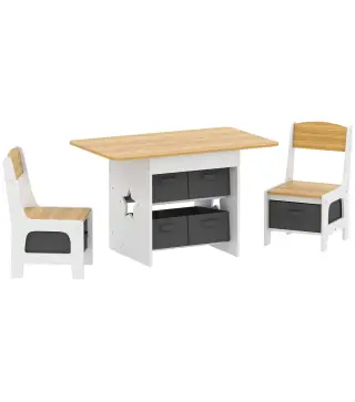 Mesa Infantil con 2 Sillas con 6 Cajones de Tela Diseño Estrellas para Niños y Niñas de 3-8 Años Natural