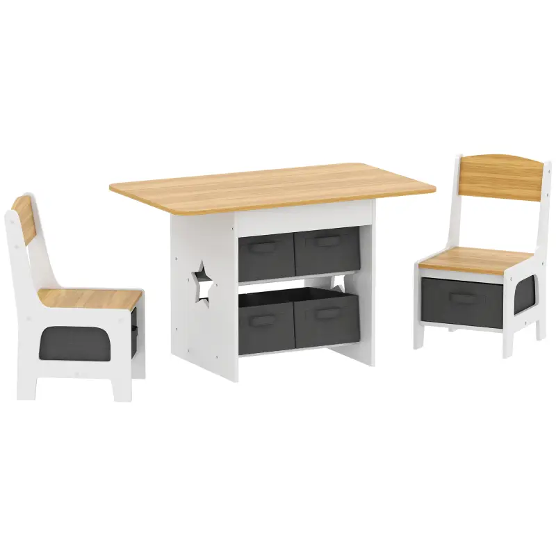 Mesa Infantil con 2 Sillas con 6 Cajones de Tela Diseño Estrellas para Niños y Niñas de 3-8 Años Natural