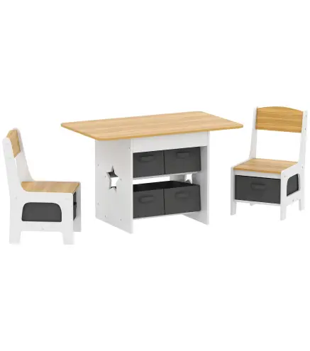 Mesa Infantil con 2 Sillas con 6 Cajones de Tela Diseño Estrellas para Niños y Niñas de 3-8 Años Natural