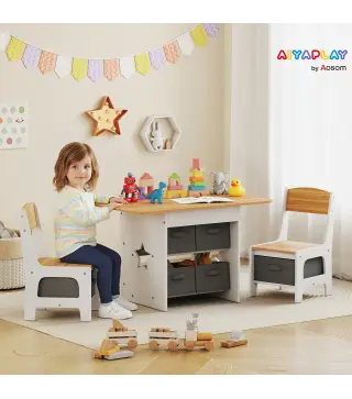 Mesa Infantil con 2 Sillas con 6 Cajones de Tela Diseño Estrellas para Niños y Niñas de 3-8 Años Natural