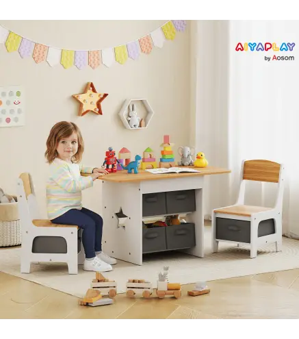 Mesa Infantil con 2 Sillas con 6 Cajones de Tela Diseño Estrellas para Niños y Niñas de 3-8 Años Natural