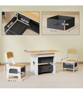 Mesa Infantil con 2 Sillas con 6 Cajones de Tela Diseño Estrellas para Niños y Niñas de 3-8 Años Natural