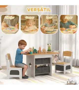Mesa Infantil con 2 Sillas con 6 Cajones de Tela Diseño Estrellas para Niños y Niñas de 3-8 Años Natural