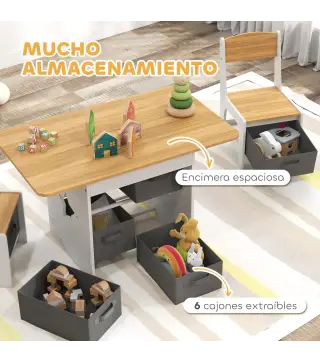 Mesa Infantil con 2 Sillas con 6 Cajones de Tela Diseño Estrellas para Niños y Niñas de 3-8 Años Natural