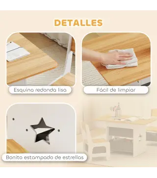 Mesa Infantil con 2 Sillas con 6 Cajones de Tela Diseño Estrellas para Niños y Niñas de 3-8 Años Natural