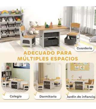 Mesa Infantil con 2 Sillas con 6 Cajones de Tela Diseño Estrellas para Niños y Niñas de 3-8 Años Natural