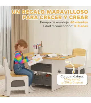 Mesa Infantil con 2 Sillas con 6 Cajones de Tela Diseño Estrellas para Niños y Niñas de 3-8 Años Natural