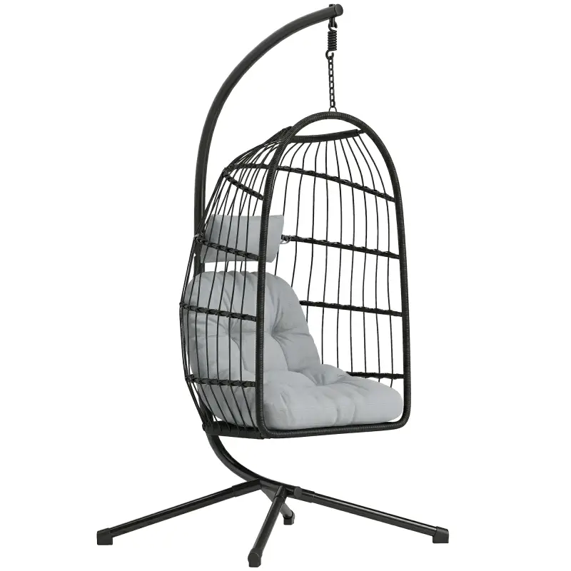 Silla Colgante Huevo con Soporte Cesta Plegable Cojín Reposacabezas Altura Ajustable y Cuerda Carga 120 kg Gris Claro