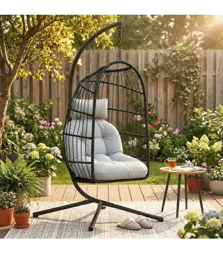 Silla Colgante Huevo con Soporte Cesta Plegable Cojín Reposacabezas Altura Ajustable y Cuerda Carga 120 kg Gris Claro