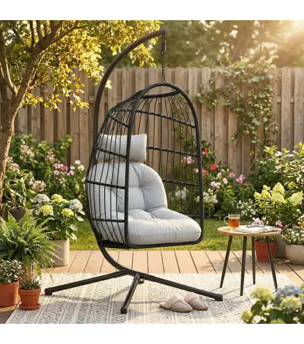 Silla Colgante Huevo con Soporte Cesta Plegable Cojín Reposacabezas Altura Ajustable y Cuerda Carga 120 kg Gris Claro
