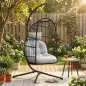 Silla Colgante Huevo con Soporte Cesta Plegable Cojín Reposacabezas Altura Ajustable y Cuerda Carga 120 kg Gris Claro