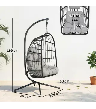 Silla Colgante Huevo con Soporte Cesta Plegable Cojín Reposacabezas Altura Ajustable y Cuerda Carga 120 kg Gris Claro