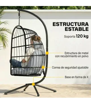 Silla Colgante Huevo con Soporte Cesta Plegable Cojín Reposacabezas Altura Ajustable y Cuerda Carga 120 kg Gris Claro