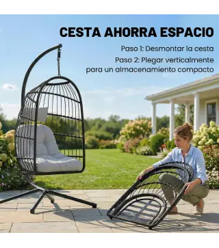 Silla Colgante Huevo con Soporte Cesta Plegable Cojín Reposacabezas Altura Ajustable y Cuerda Carga 120 kg Gris Claro