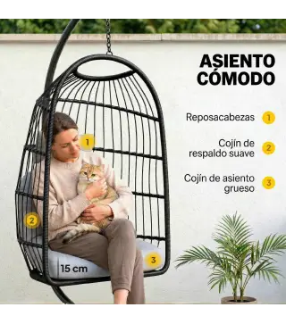 Silla Colgante Huevo con Soporte Cesta Plegable Cojín Reposacabezas Altura Ajustable y Cuerda Carga 120 kg Gris Claro