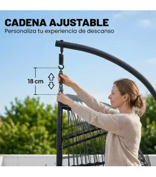 Silla Colgante Huevo con Soporte Cesta Plegable Cojín Reposacabezas Altura Ajustable y Cuerda Carga 120 kg Gris Claro