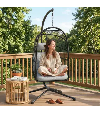 Silla Colgante Huevo con Soporte Cesta Plegable Cojín Reposacabezas Altura Ajustable y Cuerda Carga 120 kg Gris Claro