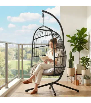 Silla Colgante Huevo con Soporte Cesta Plegable Cojín Reposacabezas Altura Ajustable y Cuerda Carga 120 kg Gris Claro
