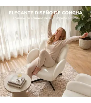 Sillón de Salón Giratorio Butaca de Salón Tapizada Terciopelo con Respaldo en Forma de Concha Cojín con Resortes Crema
