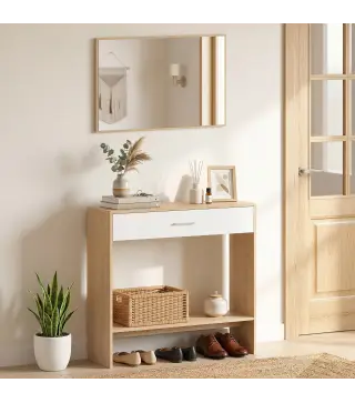 Recibidor de Entrada con Espejo Cajón y Estante Mueble de Recibidor para Pasillo 91,5x27,9x85,5 cm Roble