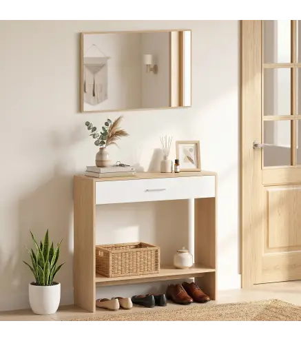 Recibidor de Entrada con Espejo Cajón y Estante Mueble de Recibidor para Pasillo 91,5x27,9x85,5 cm Roble