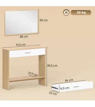 Recibidor de Entrada con Espejo Cajón y Estante Mueble de Recibidor para Pasillo 91,5x27,9x85,5 cm Roble