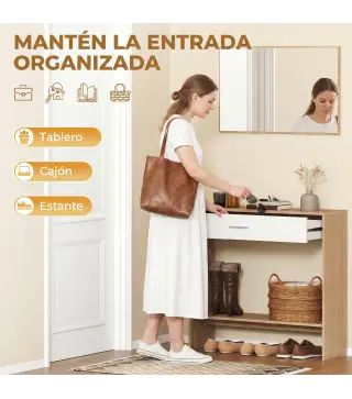 Recibidor de Entrada con Espejo Cajón y Estante Mueble de Recibidor para Pasillo 91,5x27,9x85,5 cm Roble