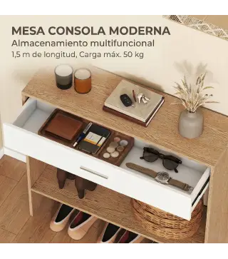 Recibidor de Entrada con Espejo Cajón y Estante Mueble de Recibidor para Pasillo 91,5x27,9x85,5 cm Roble