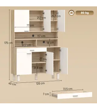 Alacena de Cocina Alta con 6 Puertas y Gran Cajón Estantes Encimera Amplia para Microondas 120x40x175 cm Blanco
