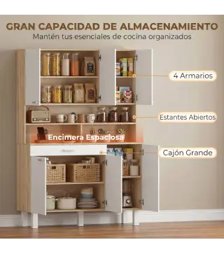 Alacena de Cocina Alta con 6 Puertas y Gran Cajón Estantes Encimera Amplia para Microondas 120x40x175 cm Blanco