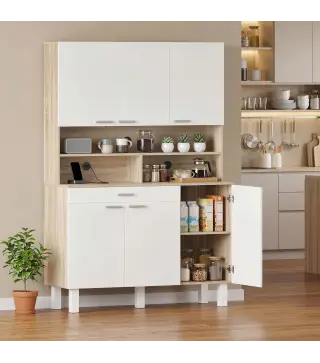 Alacena de Cocina Alta con 6 Puertas y Gran Cajón Estantes Encimera Amplia para Microondas 120x40x175 cm Blanco