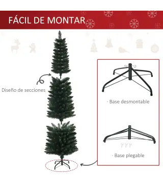 Árbol de Navidad Artificial Altura 180 cm con 380 Ramas Decoración Navideña para Interiores Ø56x180 cm Verde