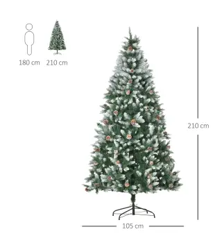 Árbol de Navidad Artificial Ø105x210 cm con 1440 Puntas de PVC y 72 Piñas con Ramas Apertura Automática Base Plegable y Soporte