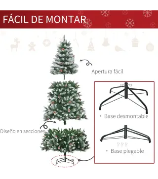 Árbol de Navidad Artificial Ø105x210 cm con 1440 Puntas de PVC y 72 Piñas con Ramas Apertura Automática Base Plegable y Soporte
