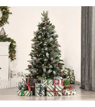 Árbol de Navidad Artificial 150 cm con 440 Ramas 39 Piñas y 39 Bayas Decoración Navideña para Interiores Verde