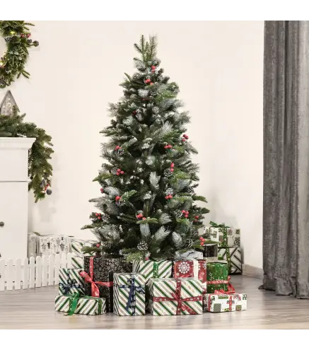Árbol de Navidad Artificial 150 cm con 440 Ramas 39 Piñas y 39 Bayas Decoración Navideña para Interiores Verde