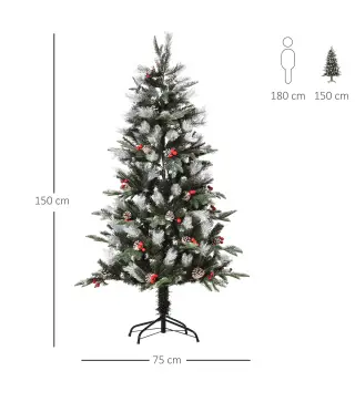 Árbol de Navidad Artificial 150 cm con 440 Ramas 39 Piñas y 39 Bayas Decoración Navideña para Interiores Verde