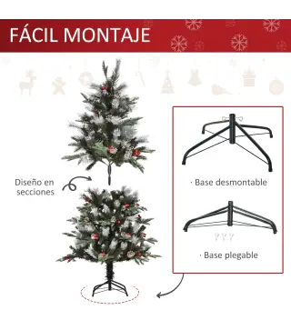 Árbol de Navidad Artificial 150 cm con 440 Ramas 39 Piñas y 39 Bayas Decoración Navideña para Interiores Verde