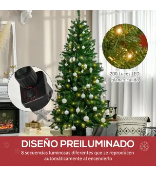 Árbol de Navidad Artificial con Luces Preinstaladas de 180 cm y 714 Ramas Decoración Navideña para Interior Verde