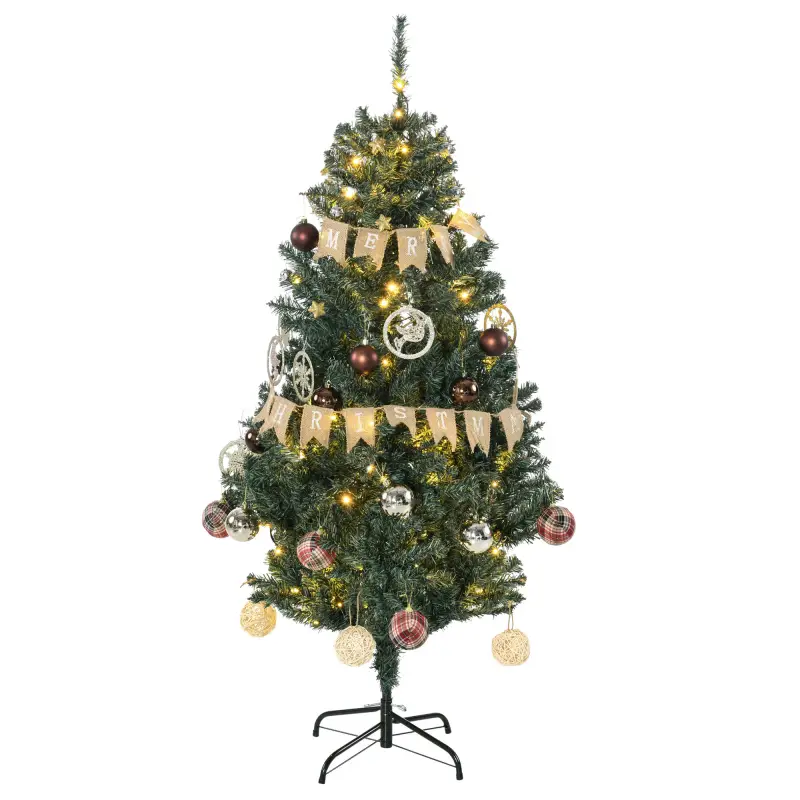 Árbol de Navidad Artificial de 1,5m 472 Ramas con 100 Luces LED y 80 Decoraciones Incluidas Ø91x150 cm Verde
