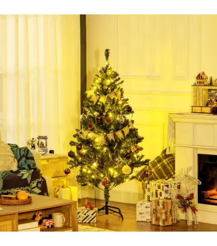 Árbol de Navidad Artificial de 1,5m 472 Ramas con 100 Luces LED y 80 Decoraciones Incluidas Ø91x150 cm Verde