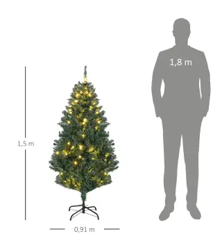 Árbol de Navidad Artificial de 1,5m 472 Ramas con 100 Luces LED y 80 Decoraciones Incluidas Ø91x150 cm Verde