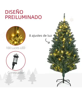 Árbol de Navidad Artificial de 1,5m 472 Ramas con 100 Luces LED y 80 Decoraciones Incluidas Ø91x150 cm Verde