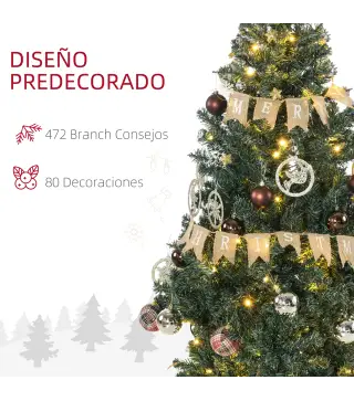 Árbol de Navidad Artificial de 1,5m 472 Ramas con 100 Luces LED y 80 Decoraciones Incluidas Ø91x150 cm Verde