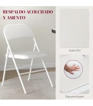 Juego de 4 Sillas Plegables Acolchadas con Respaldo y Estructura de Acero para Salón Comedor Cocina 45x46x78 cm Blanco