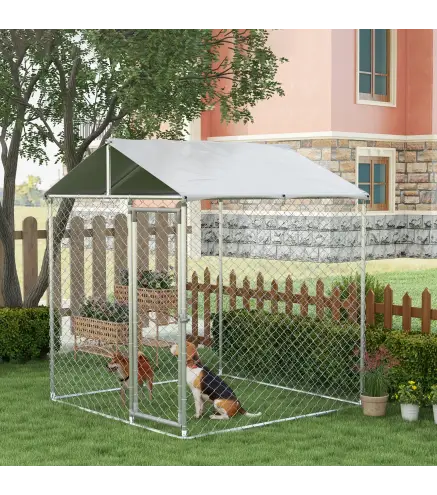 Jaula de Exterior para Perros Medianos con Cerradura Marco de Acero Toldo Impermeable y Anti-UV 200x200x237 cm Plata