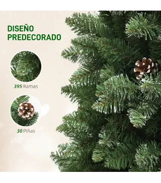 Árbol de Navidad Artificial 150 cm con 395 Ramas 30 Piñas y Soporte de Metal Árbol Navideño para Salón Interior Verde