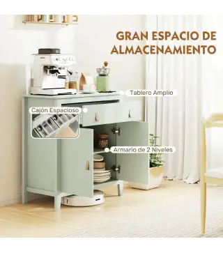 Aparador con Cajón Armario de 2 Niveles y Estante Ajustable Base Elevada y Amplia Superficie 80x40x90cm Verde Claro
